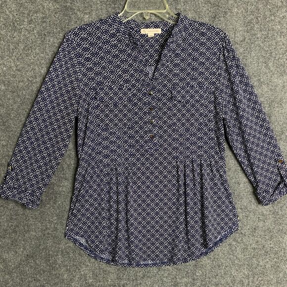 DB Tops - db established 1962 Women M 1/2 Button Blouse Pullover Tab Roll Sleeve Peplum